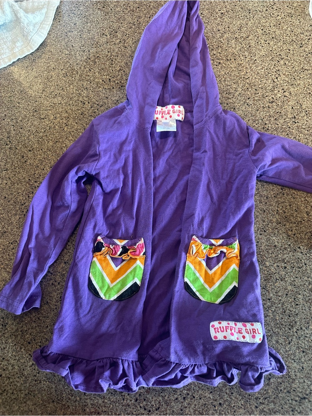 Purple Hooded Ruffle Cardigan with Chevron Pockets